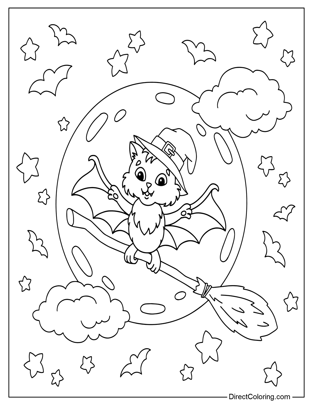 Bat Flies on a Magic Broomstick At Night Coloring Page